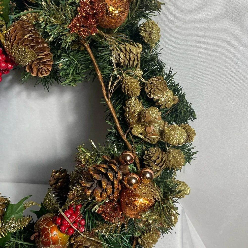 Festive Gold Pinecone & Red Berry Holiday Wreath 18” Christmas Decor